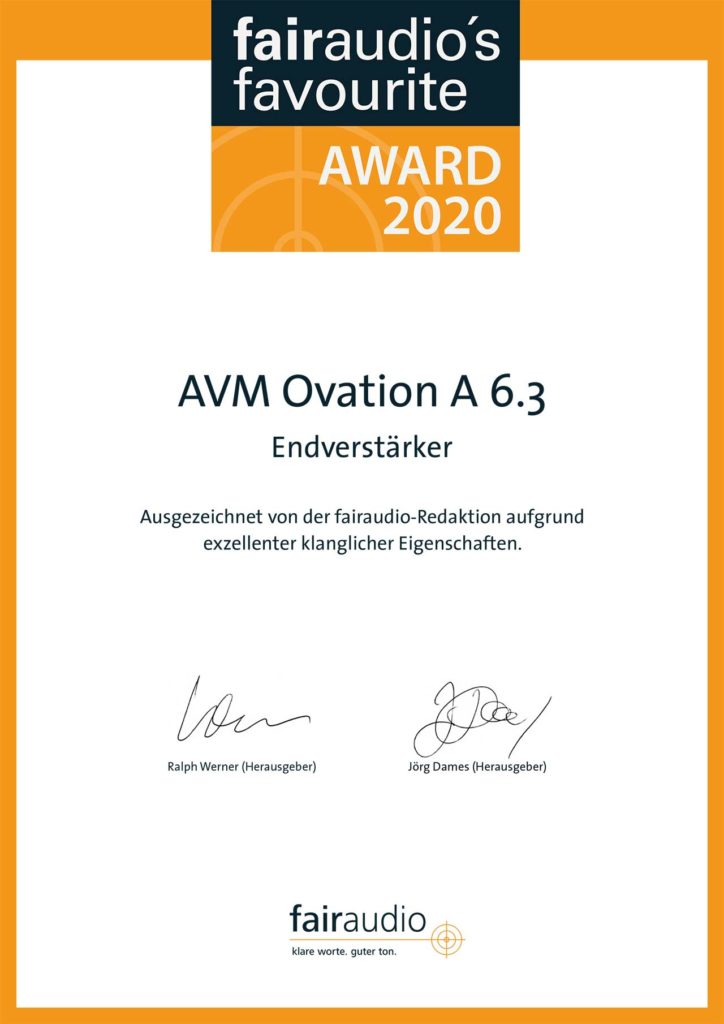 AVM Audio Fairaudio OVATION A 6 3 Award 2020 Urkunde 20011602